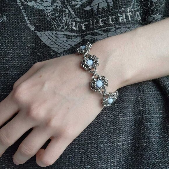 Gothic light blue pearls and silver romanov bracelet - Picture 3 of 11